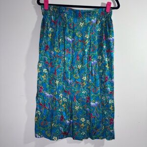 Vintage Silk Floral Midi Skirt Teal Botanical Boho Elastic Waist 14